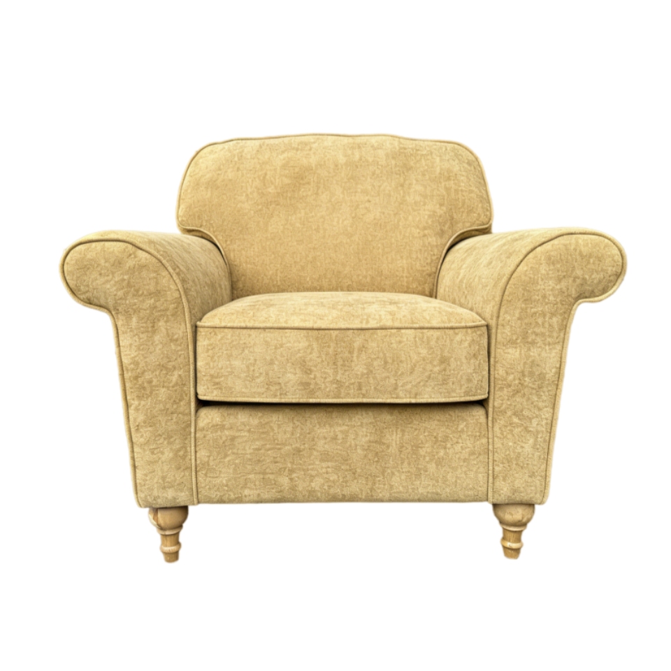 Chenille upholstered armchair with oak legs