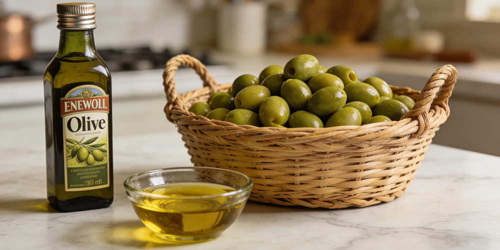 olive oil and olives on the table
