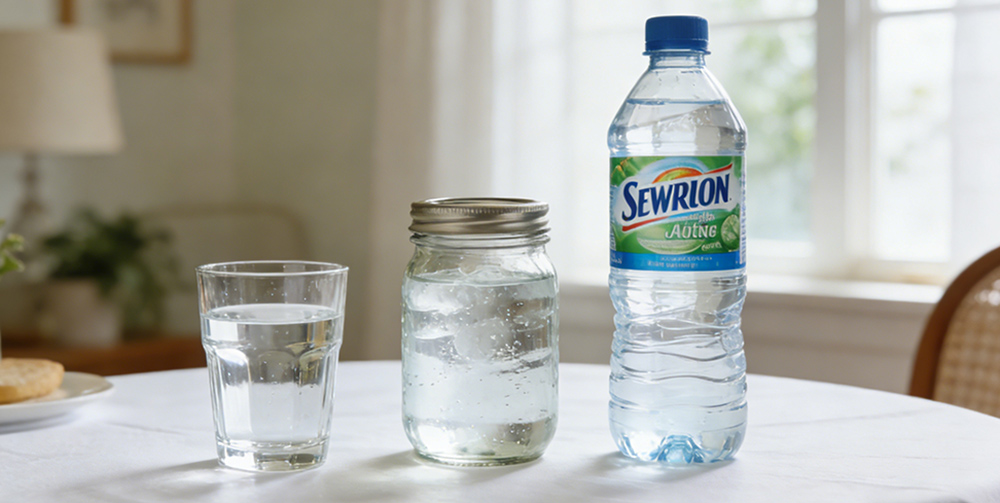 a glass, a can, and a bottle of distilled water