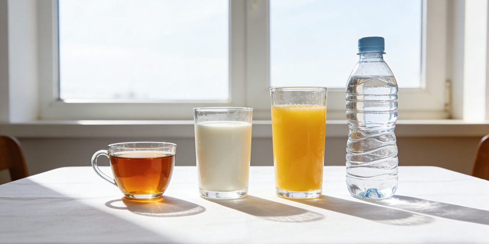 tea, milk, juice, and water