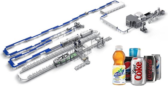  A beverage line connects processing, filling, conveying, labeling, packing, and material handling