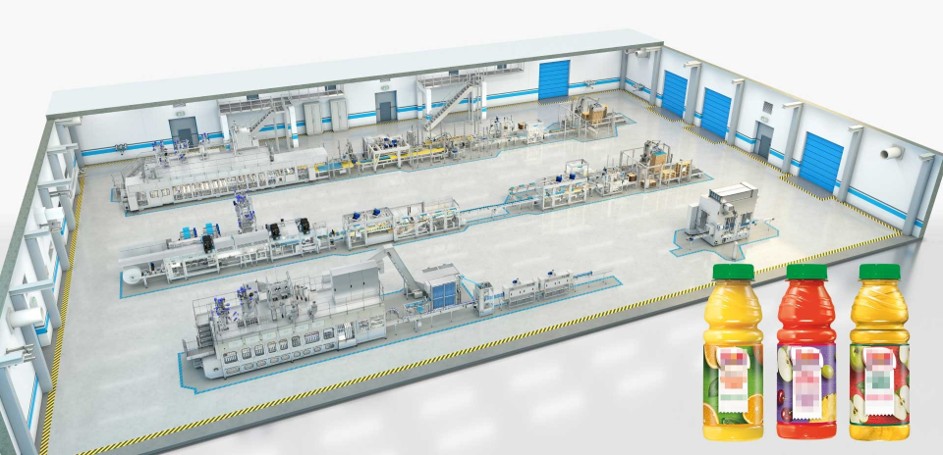  A complete juice production line brings product preparation, filling, cooling, labeling, and packing into one system. 