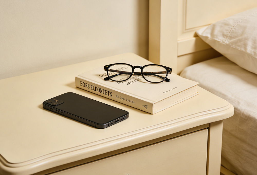 a mobile phone on the bedside table