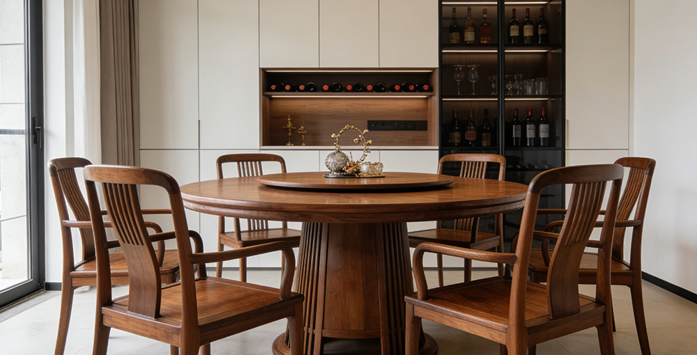 the solid wood dining table in the restaurant