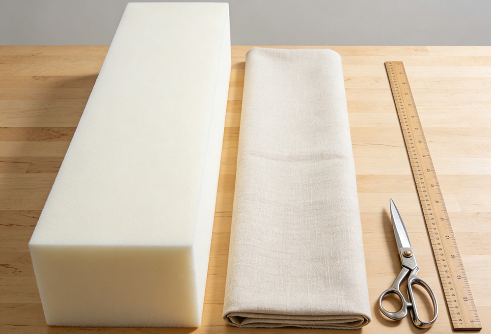 foam, fabric. scissors and rulers