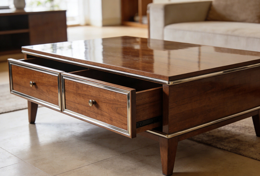 a shiny wooden coffee table
