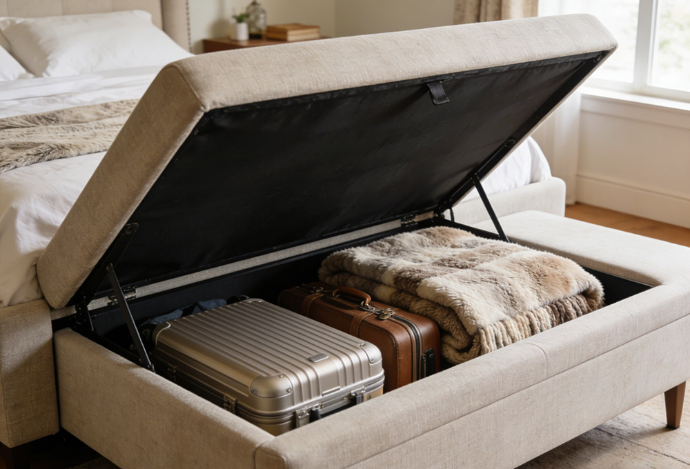 luggage and blankets in the bed ottoman