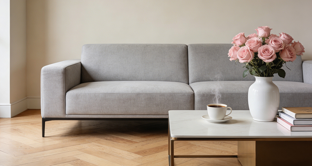 a coffee table in front of the sofa