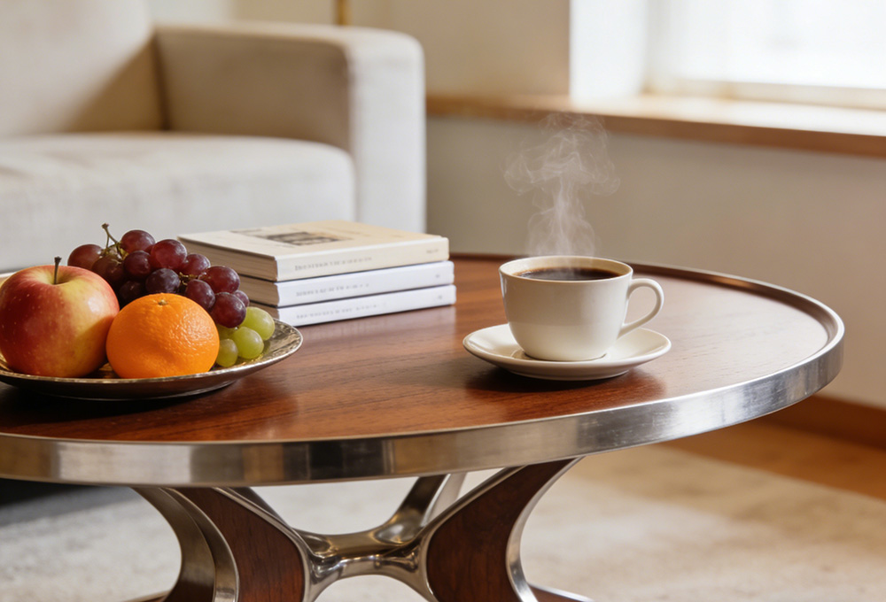 there is coffee, fruit platter, and books on the coffee table