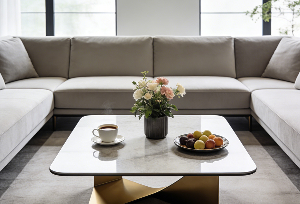 there is coffee, fruit platter, and flowers on the coffee table