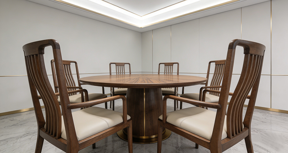 a wooden dining table in the restaurant