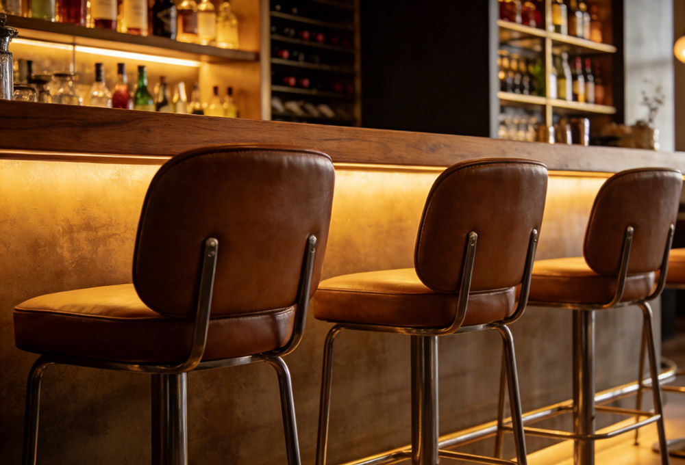 three bar chairs in front of the bar counter