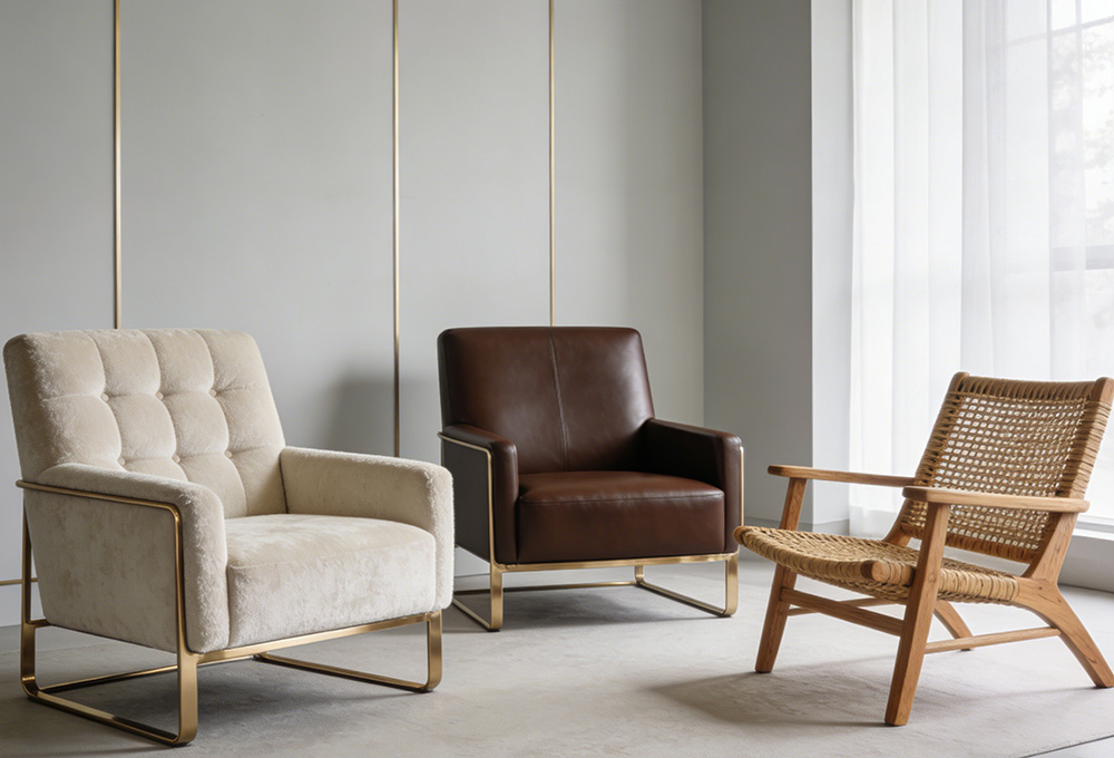 fabric accent chair, leather accent chair and rattan accent chair