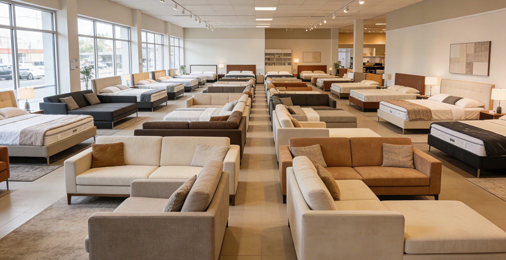 sofas and beds in furniture stores