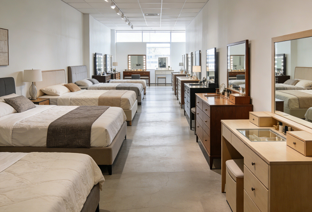 beds and dressing tables in furniture store