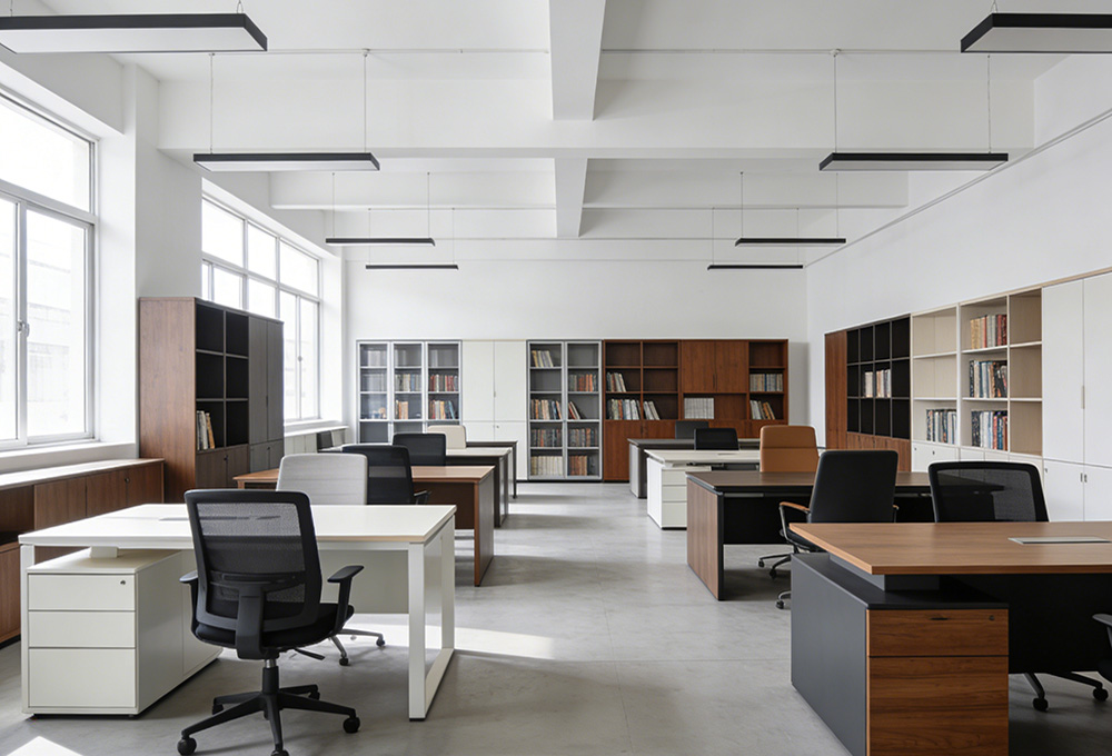 desks and bookshelfs in furniture store