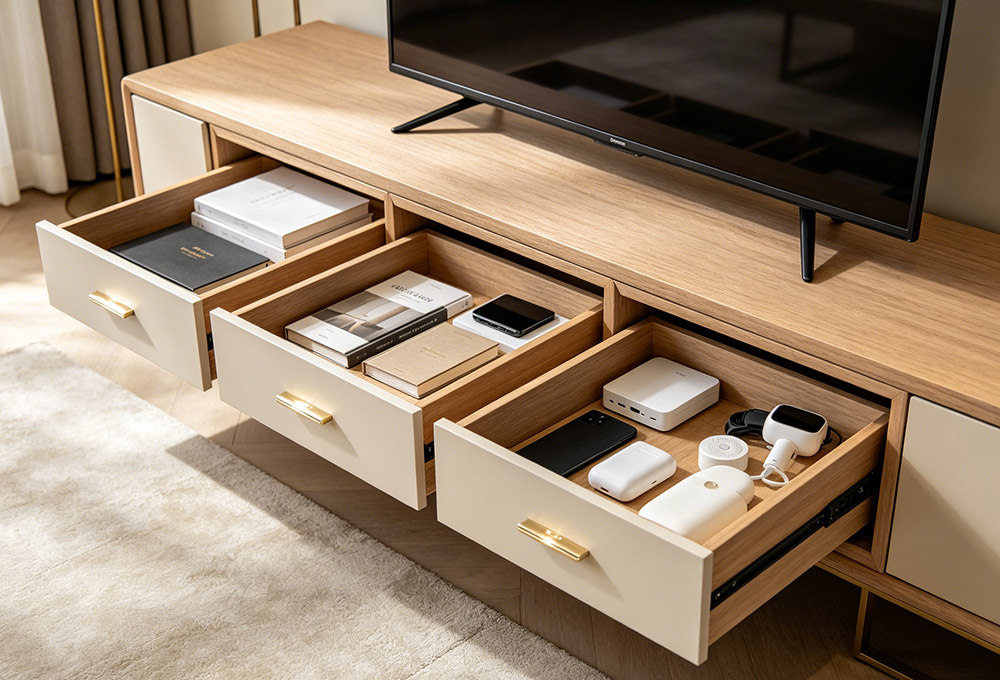 books and electronic products are in the TV unit