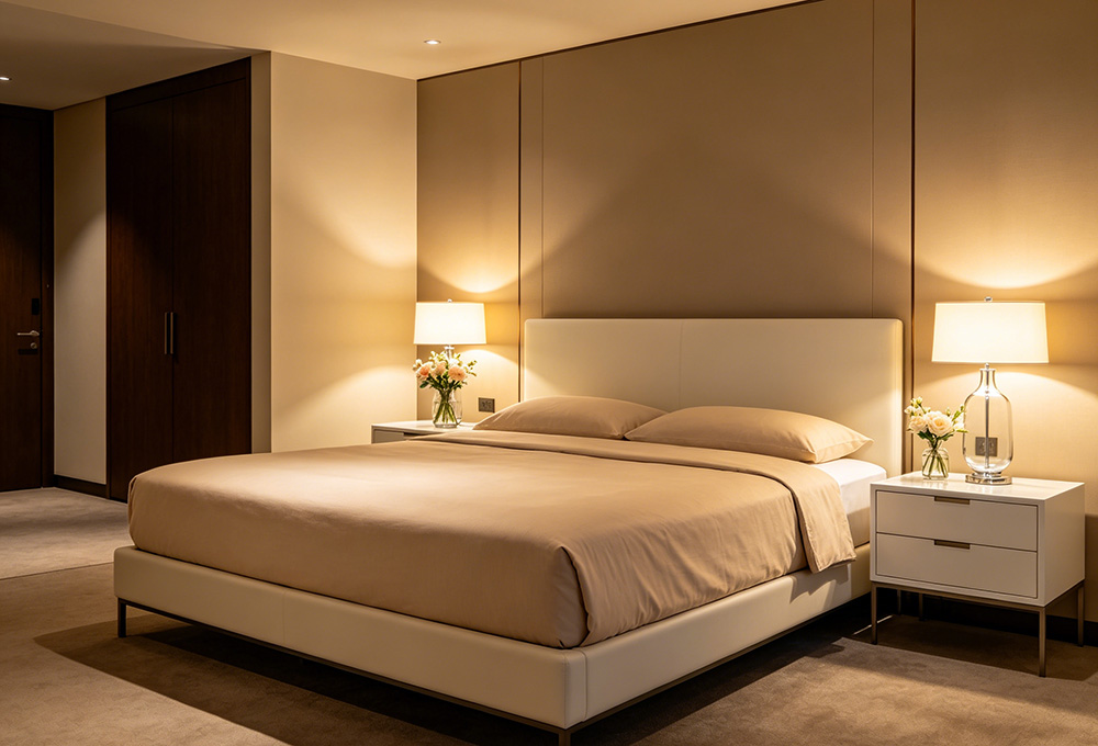 warm luxury hotel bedroom