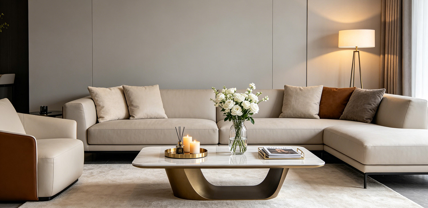 Beige sofa with coffee table