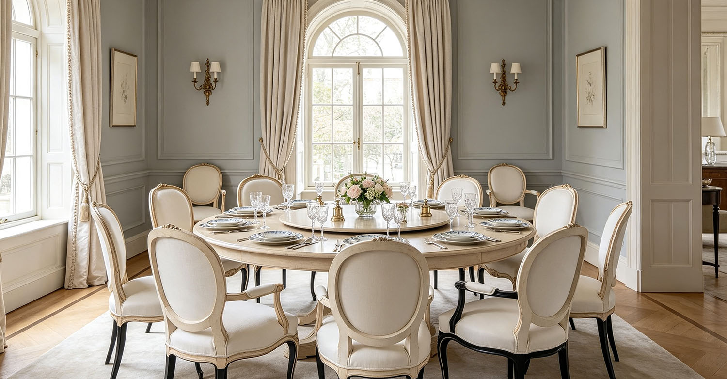 French round wooden dining table