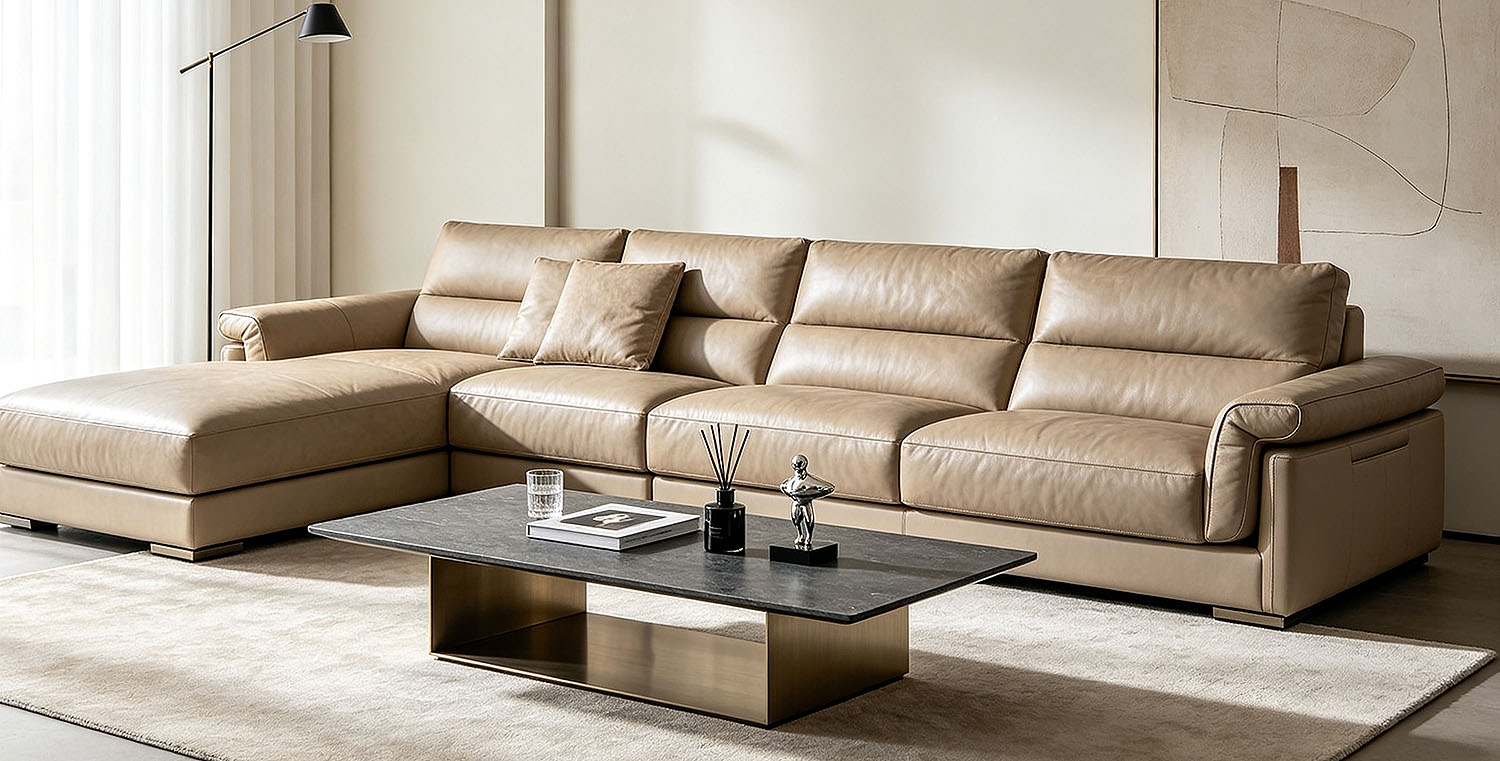 Modern leather sofa coffee table setup