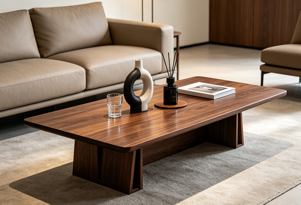 Wood coffee table with leather sofa