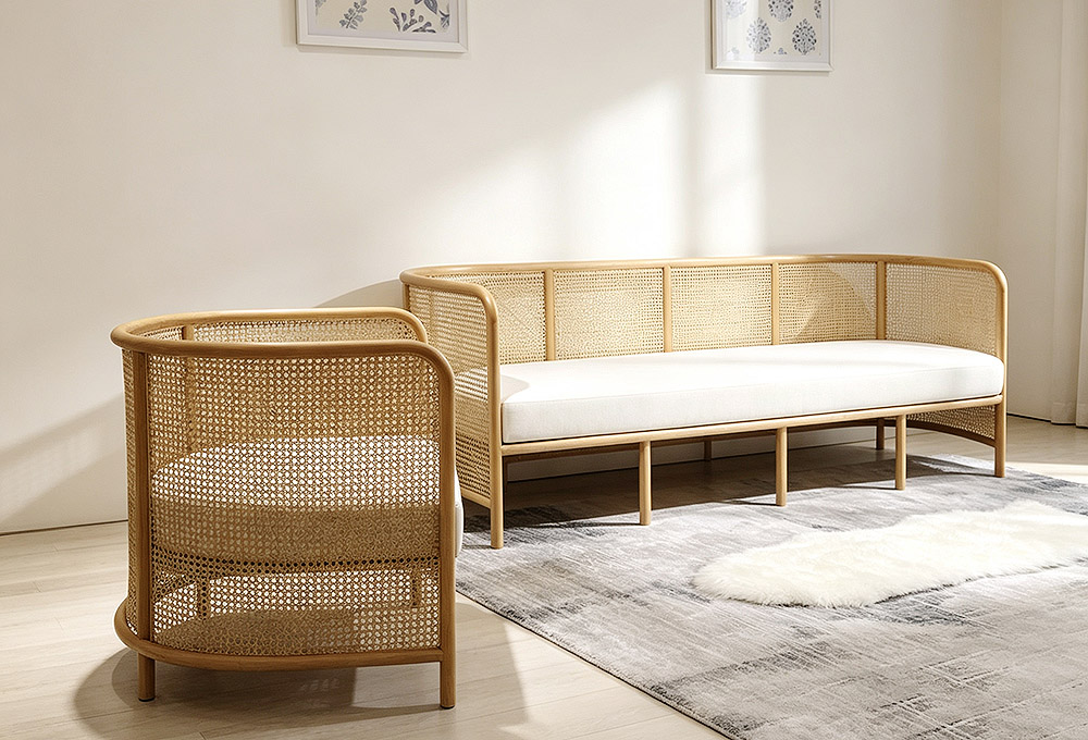 Rattan accent wooden sofa set