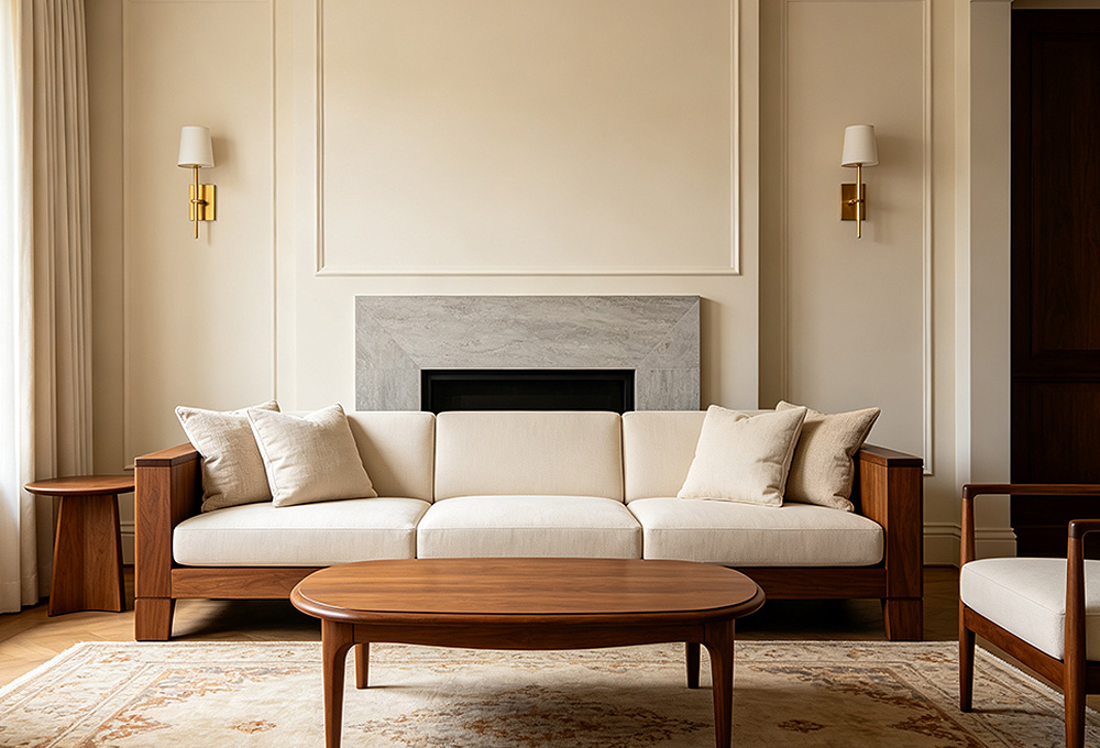 Solid wood fabric living‑room sofa