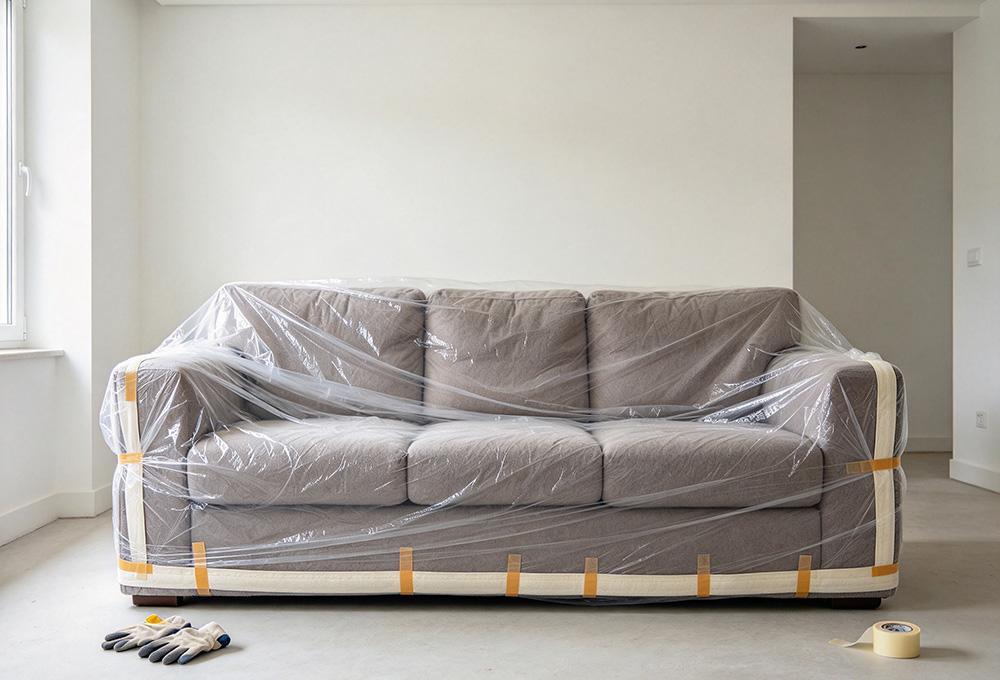 Sofa wrapped in plastic